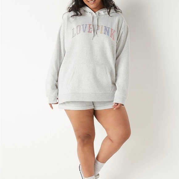PINK Victoria's Secret Tops - PINK Victoria’s Secret Heather Gray Love Pink Rainbow Bling Studded Hoodie XL
